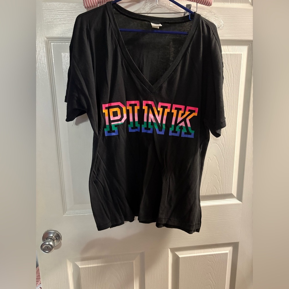Victorias Secret Pink Black Rainbow LGBTQ Graphic V neck Tee